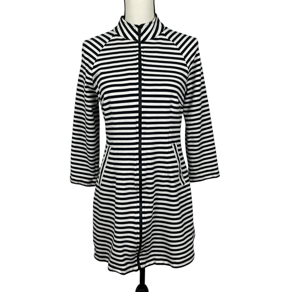 Cabi Women's Byline Jacket Small Black White Striped Zip Front Longline 5851